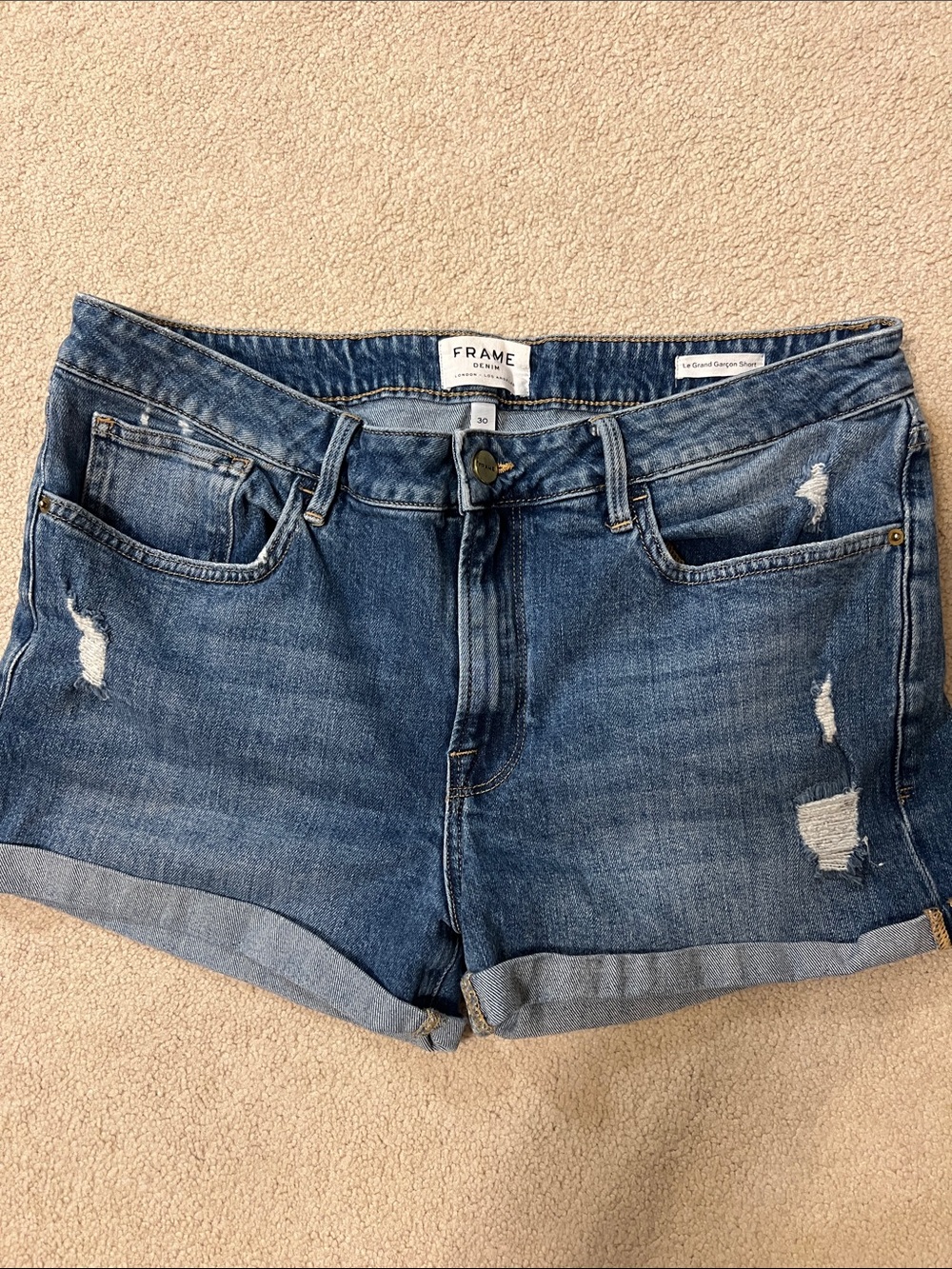 Frame “Le Grand Garçon Short” Denim Women's Mid Blue Distressed Denim Shorts
